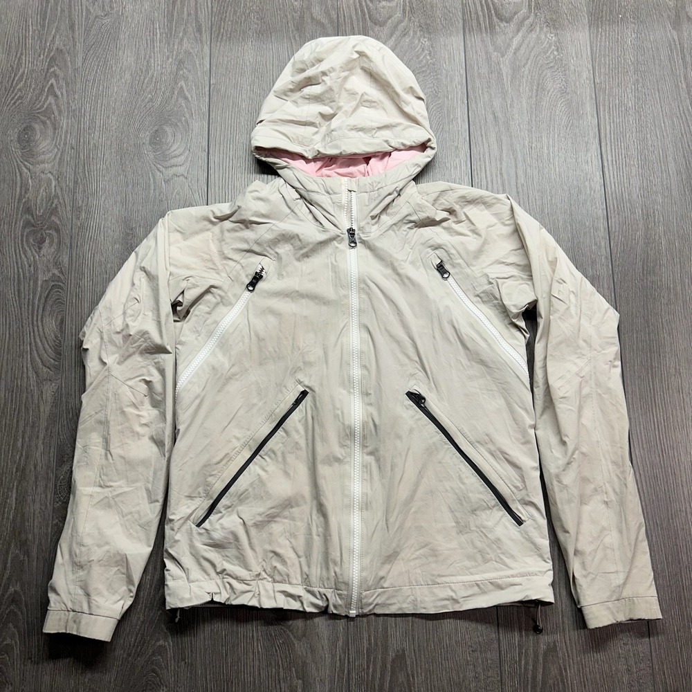 Lululemon Run Rise Shine Women 6 Beige Hooded Windbreaker Jacket Pink Lining
